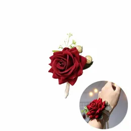 Czerwony jedwabny nadgarstek Rose Fr Corsage druhna Groomsman Boutnire Bransoletka Ręka Fr Bridal Groom Wedding Acries B4fb#