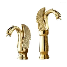 Banyo lavabo muslukları swan şekil mikser musluk musluk güverte monte bir delikli su muslukları soğuk altın renkli havza sap