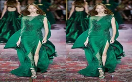 Zuhair Murad 2020 Collection Dark Green Evening Dresses Long Sleeve Crew Neck Chiffon Sweep Train Actory Progal Prom Party7227579