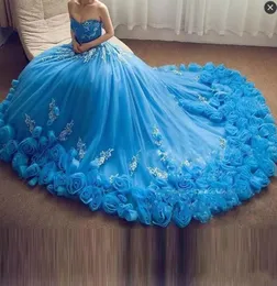 Sky Blue Lace Sweep Train New Design 2020 Ball Gown Wedding Dresses Sweetheart Laceup Empire Tulle Tiered Skirts Hand Made Flower8891408