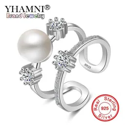 Yhamni New Fashion Original 925 Sterling Silber Ringe natürlicher Perlenschmuck für Frauen CZ Diamond Hochzeit Engagement Band Pearl Rin6467153