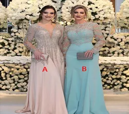 Luxurious Bead Crystal Sequins Mother of the Bride Dresses Long Sleeves V Neck Pink Plus Size Formal Party Prom Gowns4007170