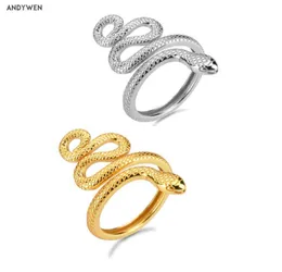 Andywen 925 Sterling Silver Gold Regulowane Pierścienie węża duże zwierzęta luksusowe Nowe okrągłe koło Kobiety drobny pierścień biżuteria5824481