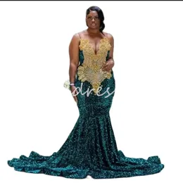 Large Size Emerald Green Prom Dresses With Golden Beaded Luxury Mermaid Full Sequin Evening Dress Sparkly Ceremony Formal Birthday Party Gowns 2024 Robe De Soiree