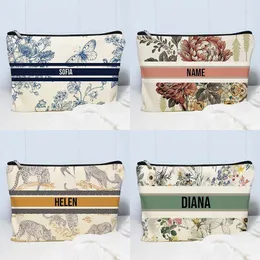 Storage Bags Custom Name Makeup Bag Wedding Bridesmaid Gifts Vintage Floral Canvas Travel Cosmetic Organizer Trendy Brand Side For Ladies