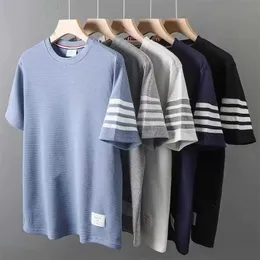 Summer fashion brand short sleeved T-shirt for men and women color woven one-piece sleeve with four stripes round neck half sleeve