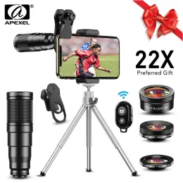 Lens APEXEL New Phone Camera Lens kit 4in1 Telephoto Zoom 22X Lens Telescope Monocular Wide Macro Fisheye Lens Tripod with remote