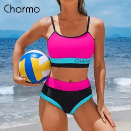 Women's Swimwear Charmo Women Sporty Casual Crop Y2K Bikini Set Logo Print Two Piece Block Color Swimsuit Bathing Suit