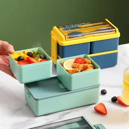 Doppelschicht tragbare Lunchbox für Kinder mit Gabel- und Löffel Microwave Bento Boxes Dinnerwaren Set Lebensmittelspeicherbehälter