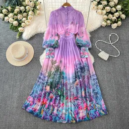 Lässige Kleider Modes Spring Summer Beach Flower Chiffon Kleid Frauen langes Laternenhülsen lila Print Boho Robe Vestidos 2035
