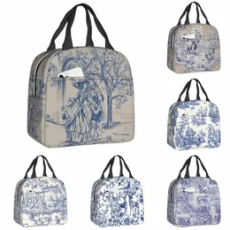 Toile francês De Jouy Marinha Blue Motif Padrão Térmico Isolado Bolsa Lunch Ciner para Caixa de Alimentos para Piquenique ao Outdoor T0CD#