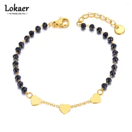 Link Bracelets Stainless Steel Black Crystal Chain Trendy 3Pcs Heart Charm Bracelet For Women Girls Bransoletka B23030