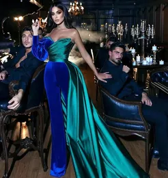 Modern Velvet And Satin Jumpsuits Saudi Arabia One Shoulder Prom Dresses Blue And Green Arabic Special Occasion Wear For Women 2024 Birthday Party Evening Gown