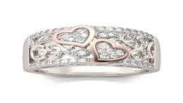 Romantyczny różowy złoto kolor podwójne serce dla kobiet moda Pełna cyrkon Pierścienie palca Pierścień uroczy dla kobiet biżuteria 4695924