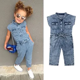 夏の幼児の子供の女の子の服デニムノースリーブロンパージャンプスーツプレイスーツロングパンツ衣装16T 240408