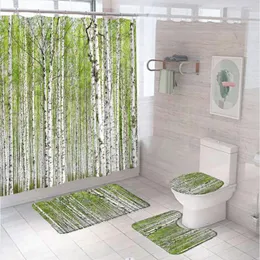 Tende per doccia Birch Tendat Tendat Set foglie verdi fresche foresta estiva paesaggio rurale decorazioni da bagno con tappeto da bagno coperchio coperchio