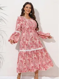 Sukienki swobodne kobiety plus size etniczne druk Pulchna dziewczyna sukienka patchwork w dekolcie