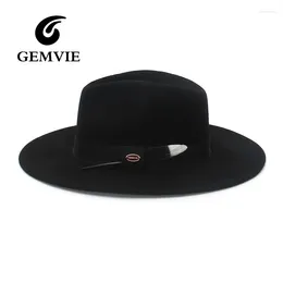 Berets Gemvie Wool poczuł szeroką grzbiet fedora dla mężczyzn kobiety z czarnym srebrnym piórkiem jesienna zima panama czapka