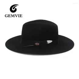 Berets Gemvie Wool Felt Wide Brim Fedora 남성 여성 검은 실버 깃털 가을 겨울 파나마 모자