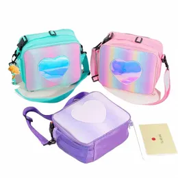 Bolsa de lancheira arco -íris coração amoroso laser portátil bolsa de bento grande para crianças menina térmica