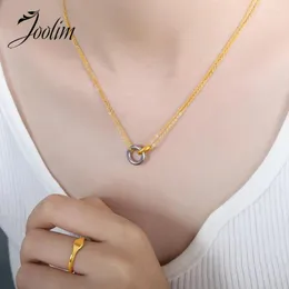 Chains Joolim Jewelry Wholesale Waterproof Fashion Elegant Double Circle Cross Pendant Choker Chain Stainless Steel Necklace For Women