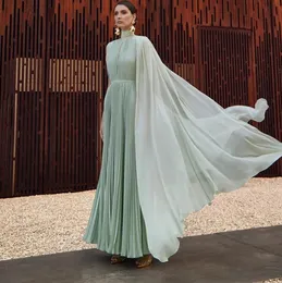 Modern Sage Green Prom Formal Dress Cap ärmar High Neck Chiffon Long A Line Pleat Evening Party Gowns Celebrity Wear Arabic Robe de Soiree