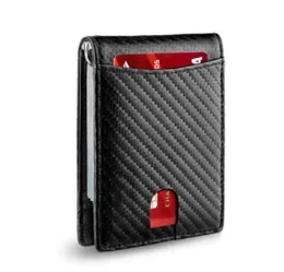 Fashion minimalist front pocket flip bifold elegant genuine leather men women wallet carbon fiber with money clip RFID blocking3209043335
