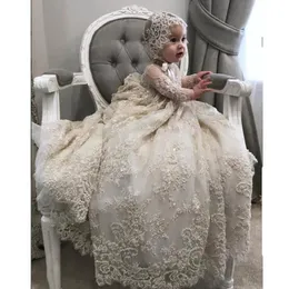 White Ivory Christening Gown for Little Kids O Neck Long Sleeve Lace Pearls First Communion Dress Toddler Infant Baptism Gowns 191O