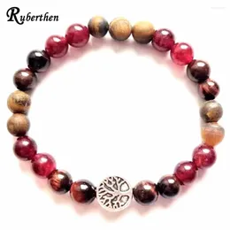 Strand RuberThen 6 mm Tigre vermelho Eye AGate Matte Breads Bracelet Mix Mix Gemstone Tree Of Life Charm Jeias feitas à mão