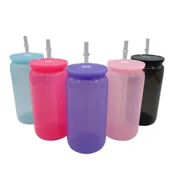 Jelly Color 16oz Plastic Can Cups Unbreakablea Acrylic Tumbler Reusable BPA Free Sippy Cup Drinking Cold Beverage Mugs With Lids & Straws For UV DTF Wraps