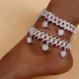 Fashion Planet Anklets Bracelet For Women Men Jewlery Rhinestone Miami Ankle Thorn Cuban Link Chain Anklet Iced Out Punk Hip Hop209Q