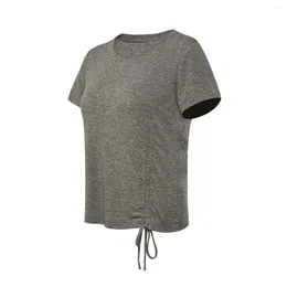 Damen T -Shirts Rippen Crop Top Kurzschläfe gerissene Kordelzug Side Slim Fit T -Shirt B10225292