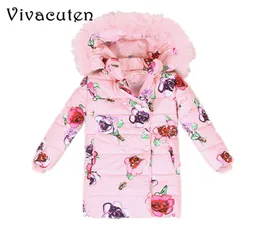 Girls Winter Fur com capuz casaco infantil jaquetas adolescentes impressão de flor de algodão Parkas Kids Winter Outerwear