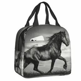 Black Friesian Stalli Prancing Isolated Lunch Bag Cespable Warm Cooler Thermal Horse Lunch Tote Box For Women Kids School F7U7#