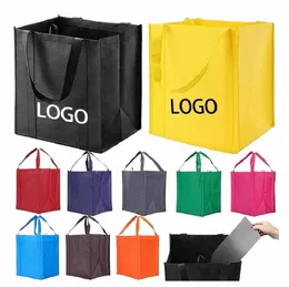 Partihandel 500st/Lot Eco Custom Logo Tryckt Återanvändbart extrabrett N Woven Tyg Carry Tote Bag Livsmedelsbutik Väskor V5MN#
