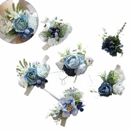 Silk Roses Wrist Corsage Armband Wedding Boutnieres Bridesmaid Groom White Blue Hand Frs Marriage Prom Accores 45U4#