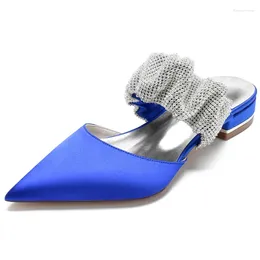 Casual Shoes Satin Crystals Wedding Flats Point Toe Slip On Women Plat Mule för prom/kväll/cocktail/Party/Homecoming