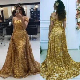 Vestidos de baile de sereia de sereia de ouro de dubai elegante com saia destacável fora do ombro, vestidos de noite brilhantes e brilhantes 2024 Mulheres chiques de festa especial Ocasion