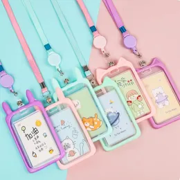 Credit Card Holder with Retractable Reel Lanyard Cute Cartoon Cat Bank Identity Bus ID Card Holder Wallet Bus Card Cover Case