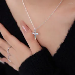 Anhänger Panjbj 925 Sterling Silber Bunt Zirkon Kpop Cross Halskette für Frauen Mädchen Lucky Choker Original Schmuck Geschenk Tropfen