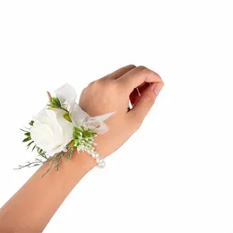 Boutniere de casamento para noivos Pulseira de puxador de pulso de noiva rosa artificial Fake Pearl Crystal Hand FRS Mariage Accory Z1DS#