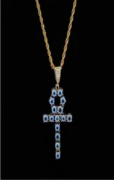 Mavi Renk Mısır Ankh Yaşam Anahtarı Kolye 18K Altın Kaplama Bakır Kolye Kübik Zirkonya Hip Hop Jewelry3052707