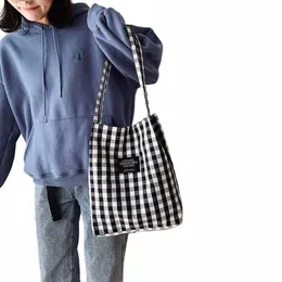 fi Durable Women Student Cott Linen Single Shoulder Bag Shop Tote Check Plaid Female Flax Canvas Shop Bags p6C7#