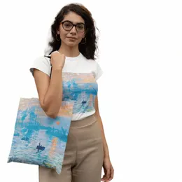 Claude Met Series Print Canvas Bolsa, bolsa de ombro leve, bolsa de supermercado, bolsa multifuntial para uso em lojas/uso comercial W2R5#