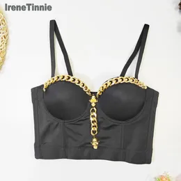 Frauen Tanks Irene Tinnie 2024 Goldschädelkette Skinny Fischknochen Femme Korsett Crop Tanktops mit eingebautem BRAS Club Kostüm mehrfarbige Weste