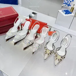 Rene Caovilla Heels Kadın Tasarımcı Topuklar Dantel Rhinestone Slingback Ayakkabı Moda Klasik Marka Resmi Ayakkabı Düğün Ayakkabı Partisi Pompalar Gerçek Deri Tabanlar 7.5cm