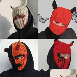 Cycling Caps Masks Halloween Funny Horns Knitted Hat Beanies Warm Fl Face Er Ski Mask Windproof Clava For Outdoor Sport Drop Delivery Otb7N