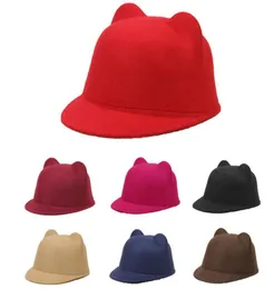 Breda randen hattar söta kattöron ull filt hatt för kvinnor barn pojkar flickor solid färg vanlig fedoras formella ryttare förälder 5282125