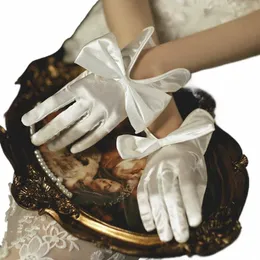 Kvinnor Korta fulla fingrar Bow Wrist Elegant White Ivory Satin Bridal Wedding Gloves Wedding Accores Prom Party Dancing Z1za#