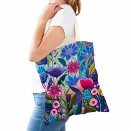watercolor Fr Women Casual Shop Bags Both Sides Carto Floral Shopper Bag Reusable Foldable Canvas Lady Tote Handbags l0BP#